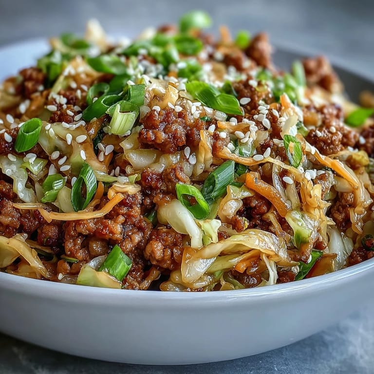 Saftiges Egg Roll in a Bowl wird mit Sojasauce und Reisessig gewürzt, perfekt für schnelle Abendessen.