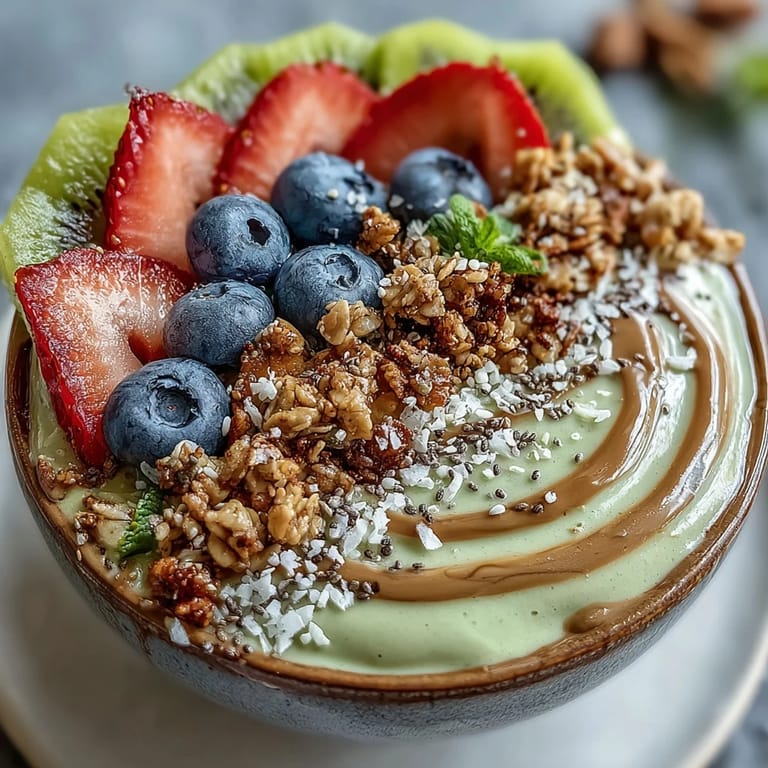 A nourishing Hojicha Smoothie Bowl blended with roasted green tea and yogurt, garnished with chia seeds and coconut flakes.