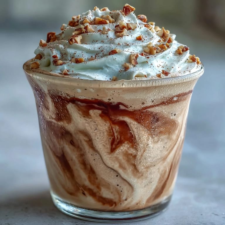 Hojicha Milkshake mit zartem Schaum, Staub aus geröstetem Tee und gehackten Nüssen garniert.