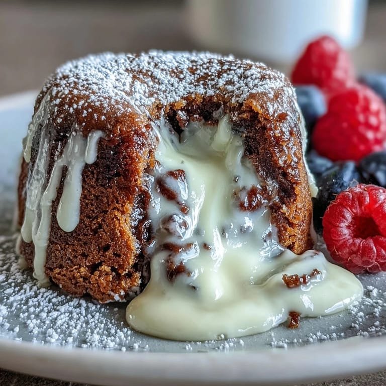 Hojicha White Chocolate Lava Cake in einer Ramekin mit zartem, noch flüssigem Kern.