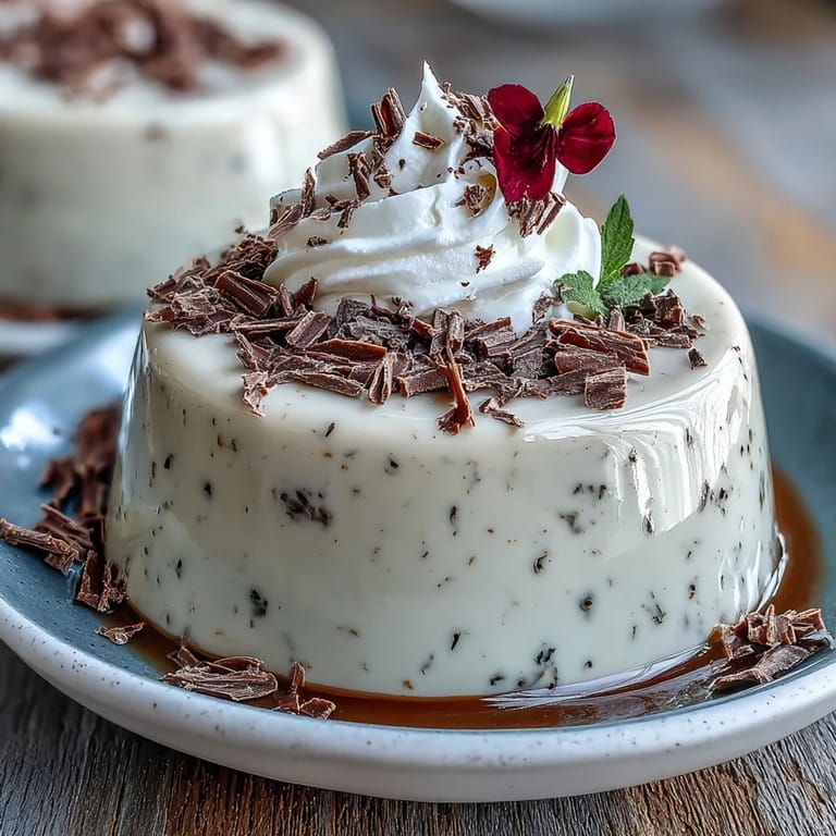 Kremige Hojicha Panna Cotta mit goldbrauner Tönung und feiner Schokoladenraspel als Topping.