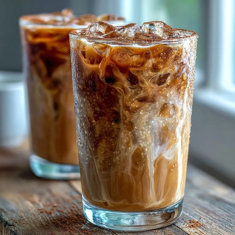 Erfrischender Iced Hojicha mit Zimt, serviert mit Milch und streifigem Licht.