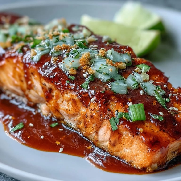 Gebackene Bang Bang Lachsfilets mit cremiger, scharfer Sauce und frischen grünen Zwiebeln garniert.