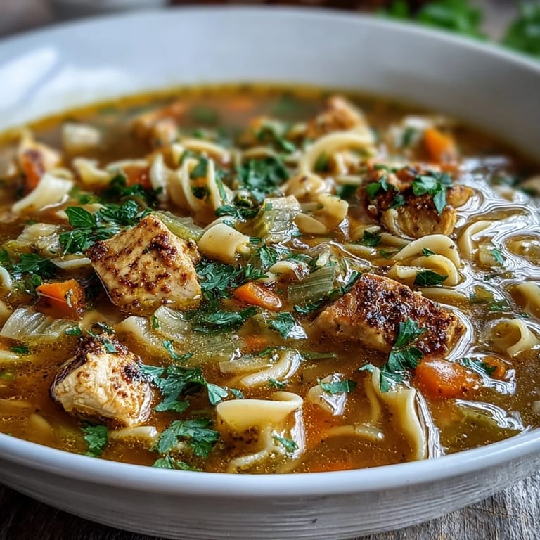 Cozy serving of Ginger Turmeric Chicken Soup next to egg noodles and crusty bread.