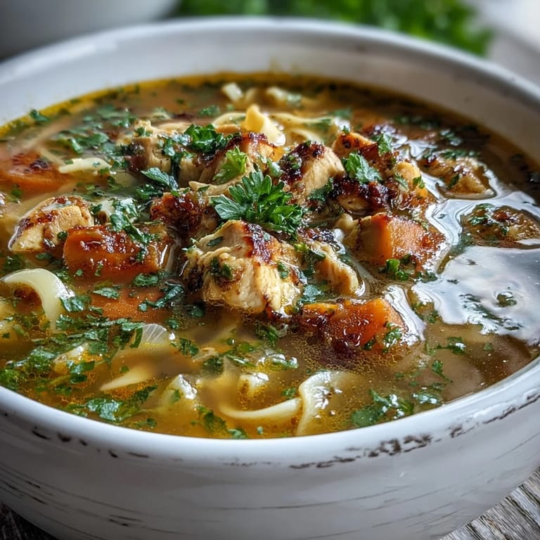 Hearty bowl of Ginger Turmeric Chicken Soup garnished with fresh parsley and coconut milk swirl.