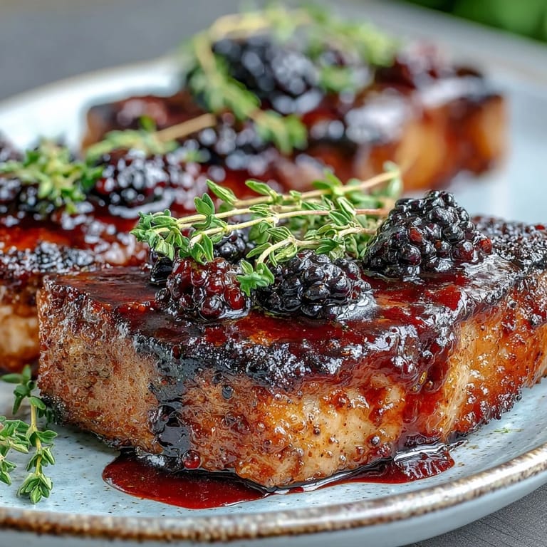 Golden Bourbon Blackberry Pork Chops served beside roasted potatoes, finished with a warm, sweet-savory glaze.