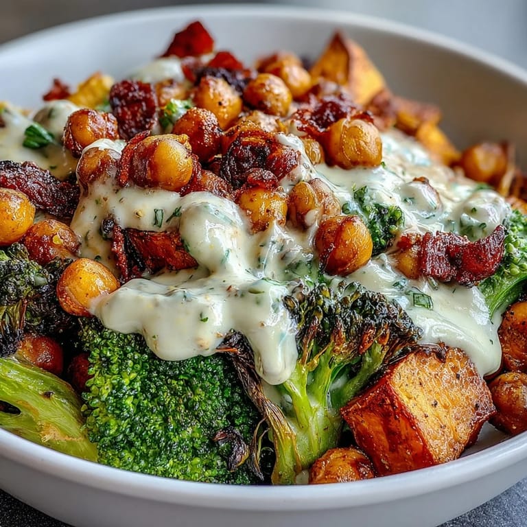 A hearty bowl of Roasted Veggie & Chickpea Bowls with colorful vegetables and creamy maple Dijon tahini sauce.