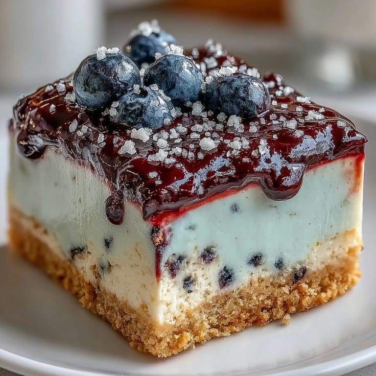 Frisch aufgeschlagene Zitronenmousse und blauer Kompott auf knuspriger Shortbread-Basis.