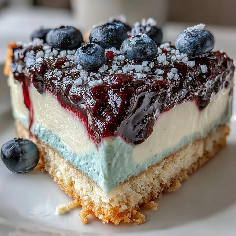 Geschichtete Dessert-Scheibe mit gelber Mousse und blauer Beerenswirl-Dekoration.