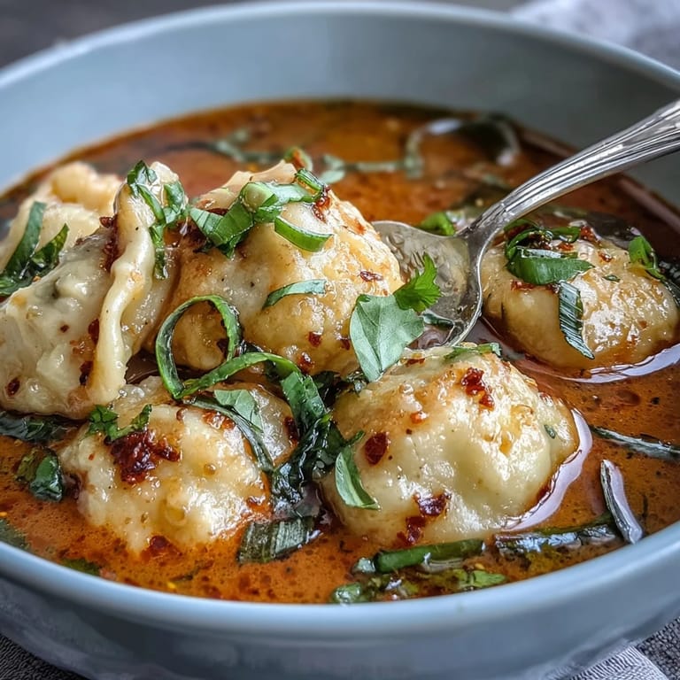 A close-up of Quick Coconut Curry Soup with Dumplings featuring chili oil drizzle, scallions, and crunchy garlic