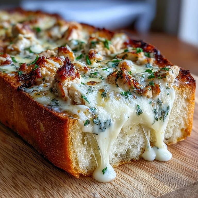 Chicken Alfredo Garlic Bread, frisch aus dem Ofen, überzogen mit cremiger Alfredo-Sauce, saftigem Hähnchen und Käse über italienischem Brot.