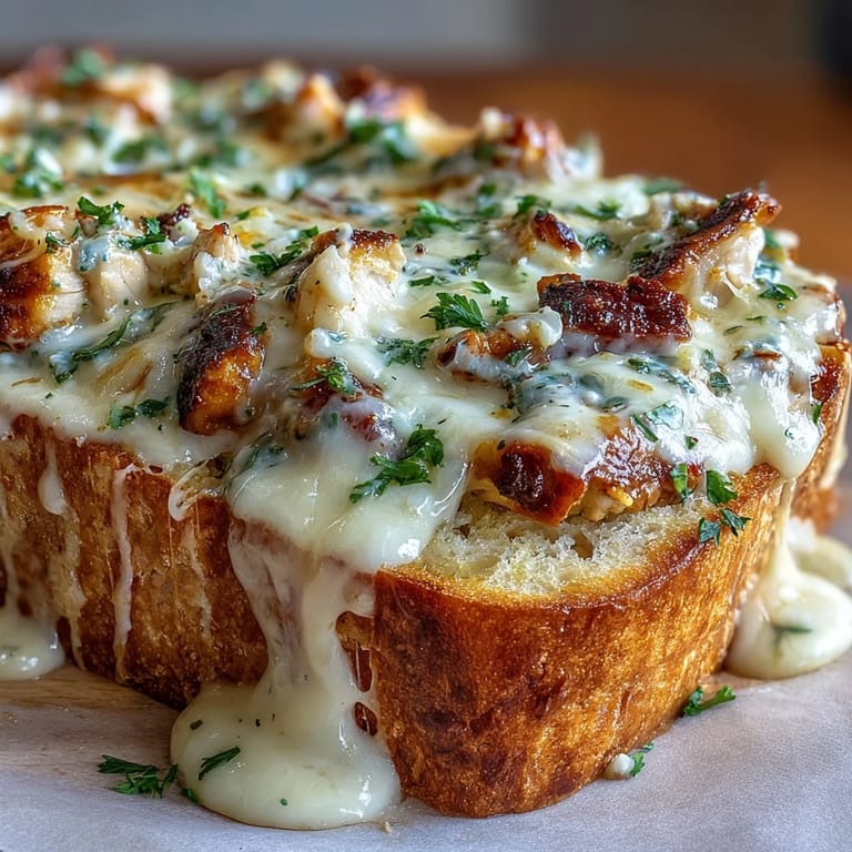 Chicken Alfredo Garlic Bread für den Dinner-Abend, serviert mit einer kleinen Schale Extra-Sauce zum Dippen und grünem Salat daneben.