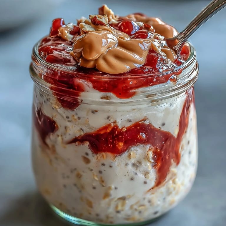 Lagert im Glas: cremige High-Protein Peanut Butter & Jelly Overnight Oats mit Himbeer-Jam-Swirl und Crushed Peanuts.