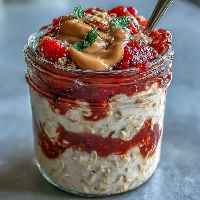 Proteinhaltiges Frühstück: High-Protein Peanut Butter & Jelly Overnight Oats im Schichtglas mit Erdbeerstückchen und Erdnussbutter.