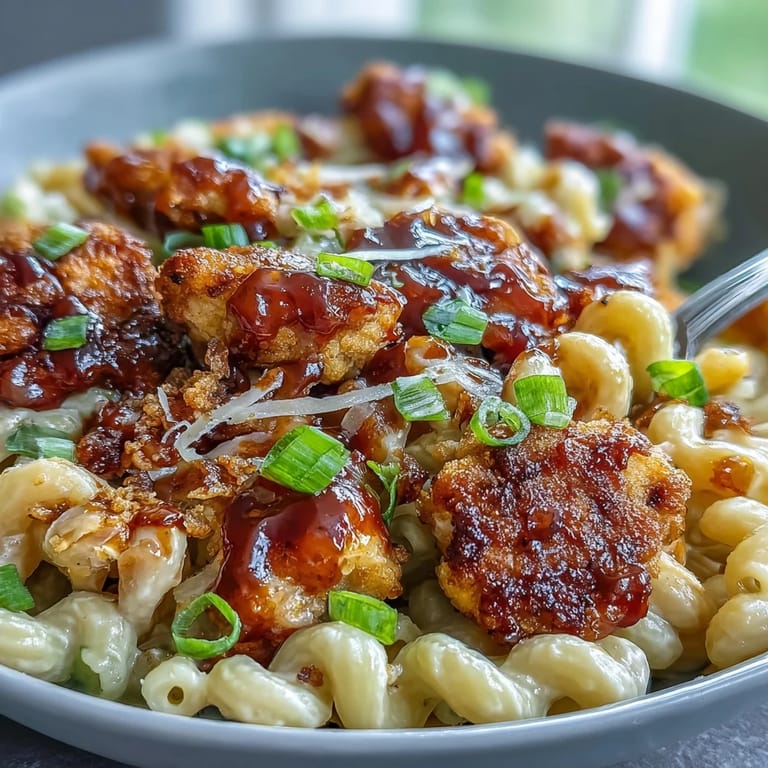 Der fertige Topf mit glasiger BBQ-Sauce, goldbraunen Hühnchenstücken und geschmolzenem Cheddar auf dem Herd
