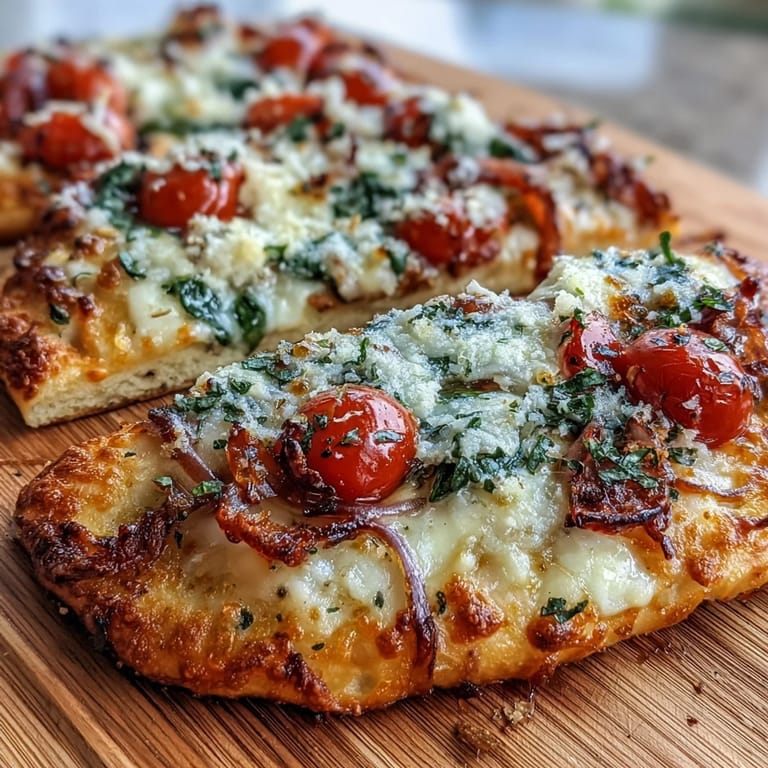 Knusprige Crispy Garlic Parmesan Naan Pizza mit Tomaten und Zwiebeln auf Backblech.
