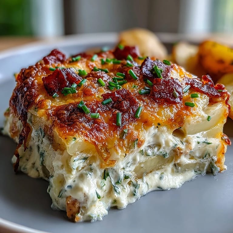 Ein belegtes Backblech mit der Creamy Ranch Chicken Potato Bake, warm und fertig zum Servieren.