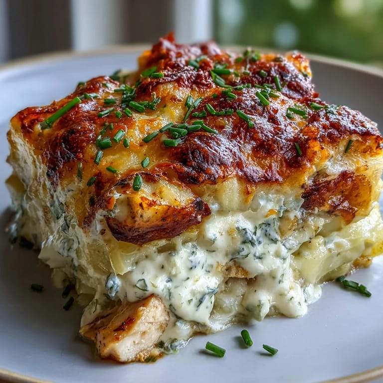 Nahaufnahme der Creamy Ranch Chicken Potato Bake, saftige Hähnchenstücke und zarte Kartoffelscheiben in cremiger Soße.