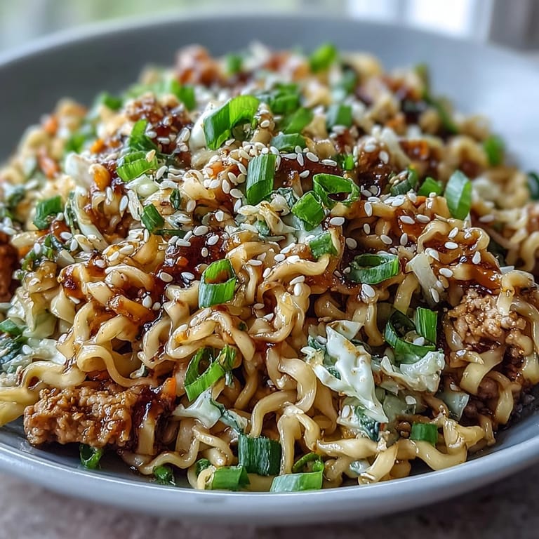 Close-up of Creamy Potsticker Noodle Stir-Fry showing glazed noodles, turkey, and crunchy vegetables, with a drizzle of chili crisp and chopped scallions.