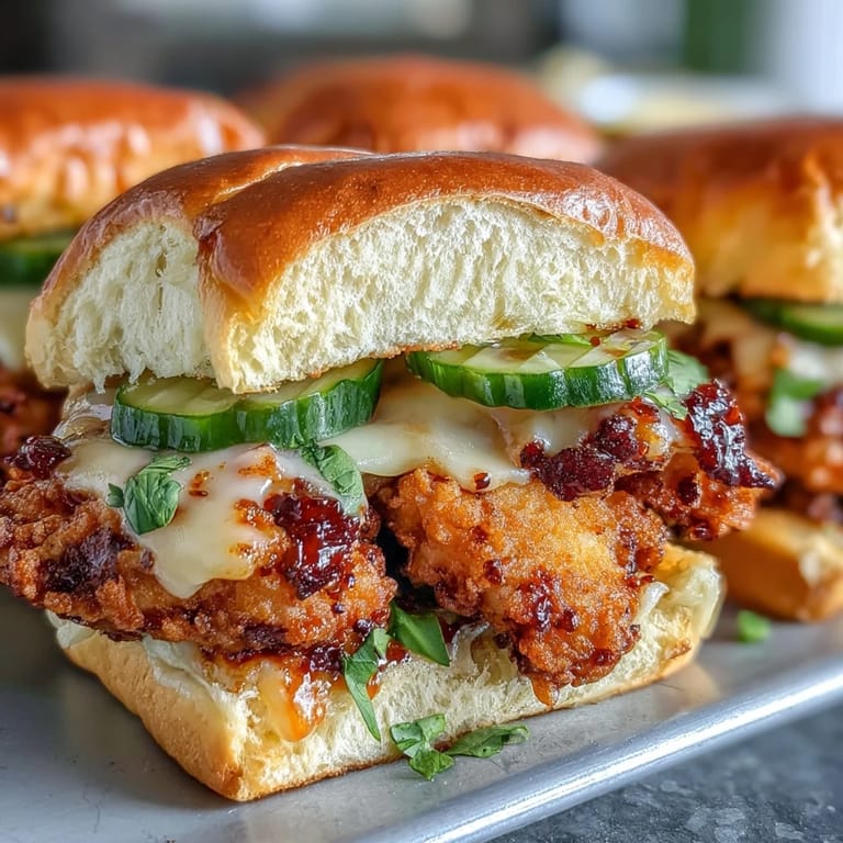 Crispy Hähnchenbruststreifen in scharfer Honigbutter-Sauce, zwischen weichen Brötchen mit geschmolzenem Käse und sauren Gurkenscheiben.