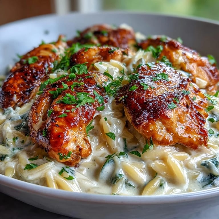 Tender orzo swirls in a creamy garlic parmesan sauce alongside juicy chicken, garnished with fresh parsley in a skillet.