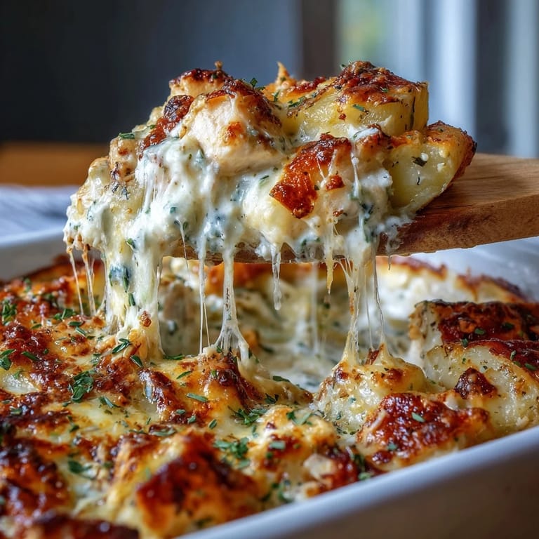 Eine dampfende Creamy Ranch Chicken Potato Bake auf einem rustikalen Teller, serviert mit grünem Salat.