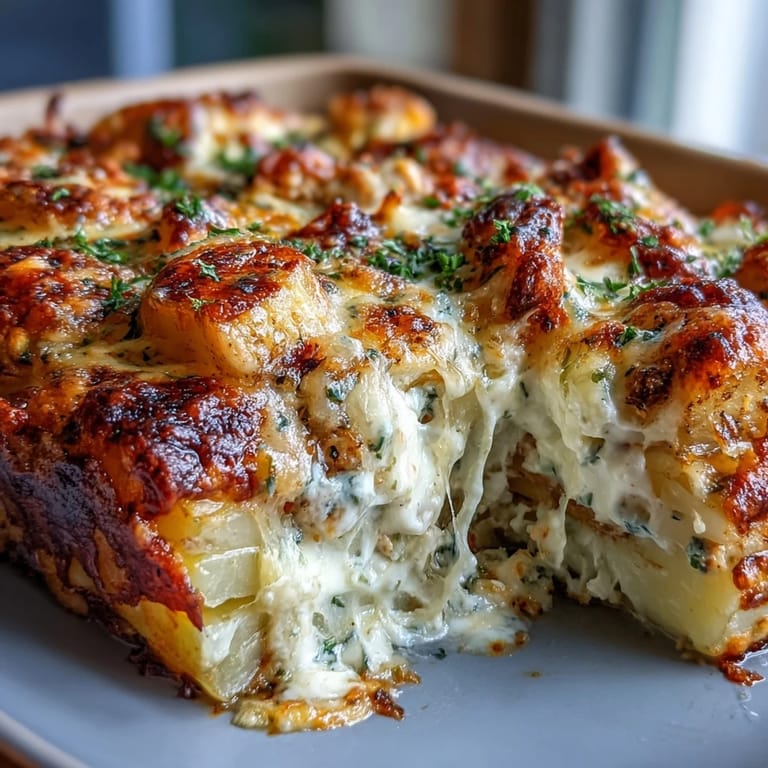 Geschichtete Creamy Ranch Chicken Potato Bake aus Ofen, mit saftigen Hähnchenwürfeln und cremiger Ranch-Sauce.