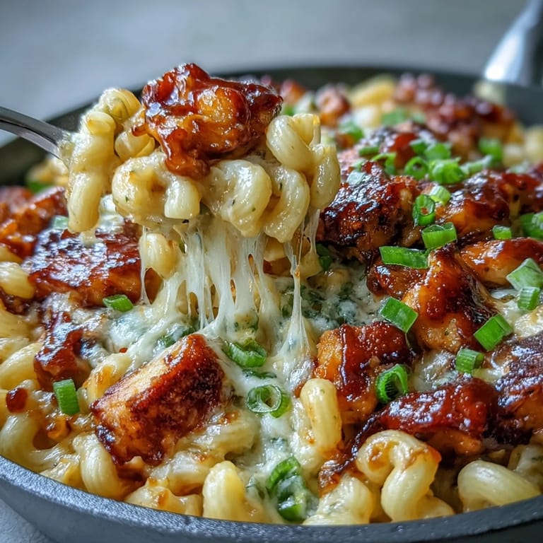 Wochenend-Komfortfood in einer Pfanne: Sticky Honey BBQ Chicken Pasta Skillet mit zartem Hähnchen, klebriger Honig-BBQ-Sauce und glasigem Käse über Nudeln.