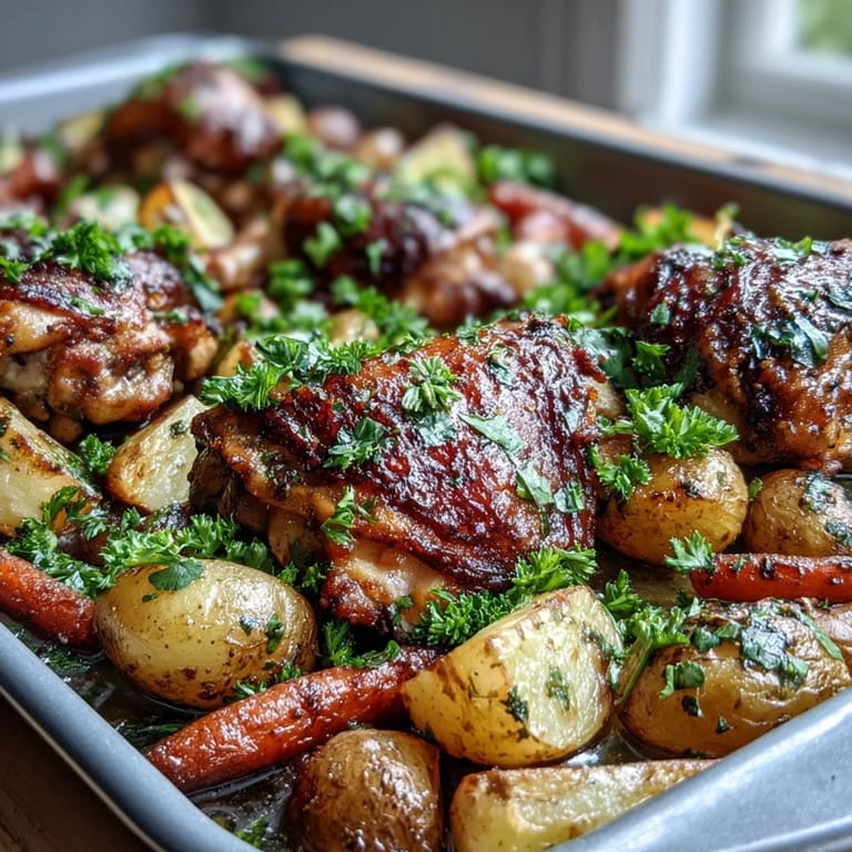 Golden Crispy Ranch Sheet Pan Chicken & Veggies served fresh from the oven with chopped parsley garnish.