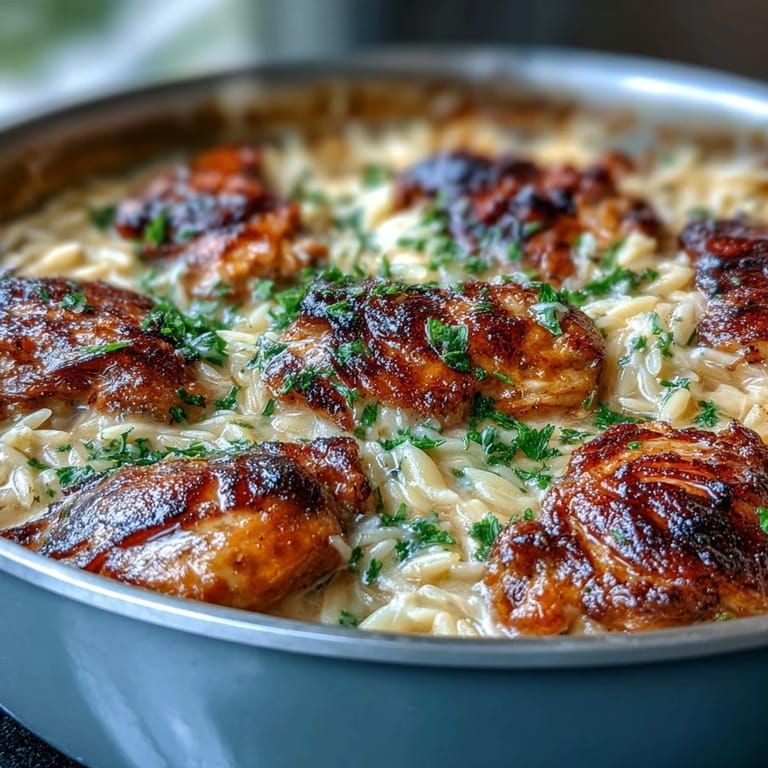 In dem One-Pot Creamy Garlic Parmesan Chicken Orzo garen zarte Hähnchenstücke und Orzo in einer reichhaltigen, sämigen Sauce.