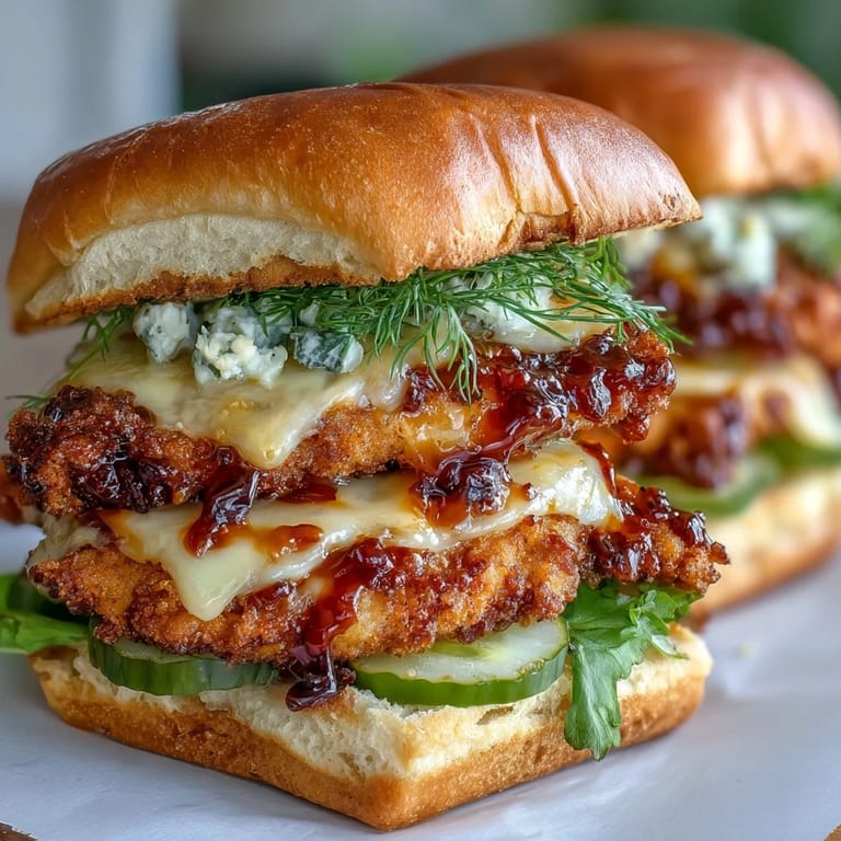 Cheesy Spicy Honey Butter Chicken Sandwich Bake topped with dill pickles and drizzled hot honey butter, served warm.