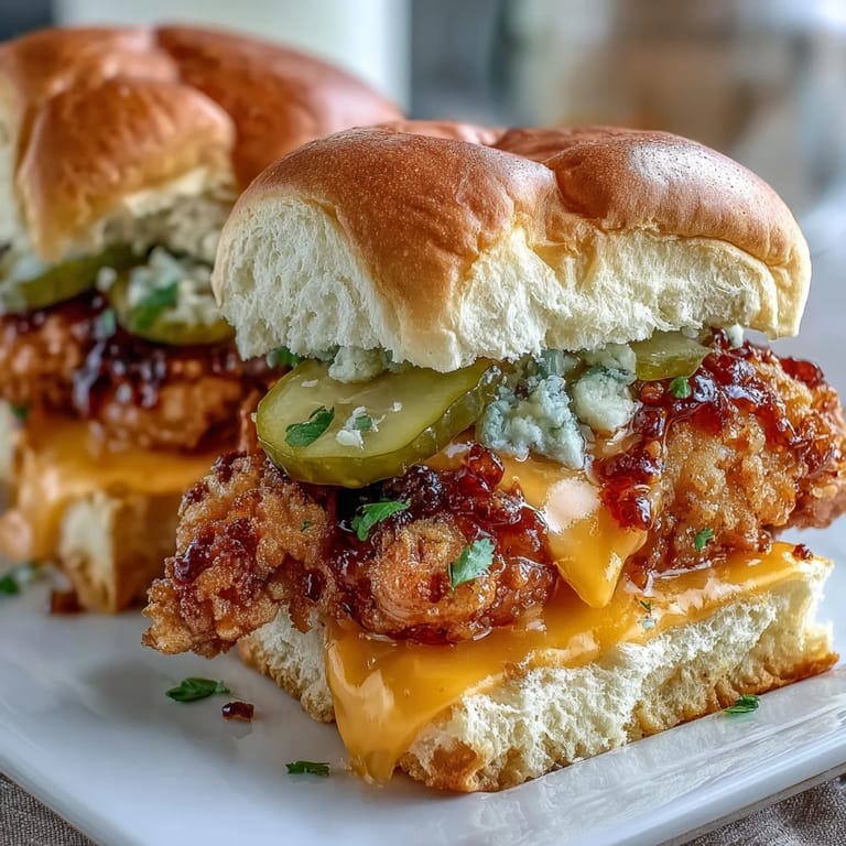 Pulled-apart Spicy Honey Butter Chicken Sandwich Bake in a baking dish, golden buns, pickles, and juicy tenders.