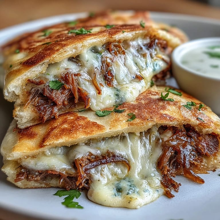 Slow-cooked beef pot roast melts with mozzarella in garlic naan, served hot and golden with a side of savory jus.