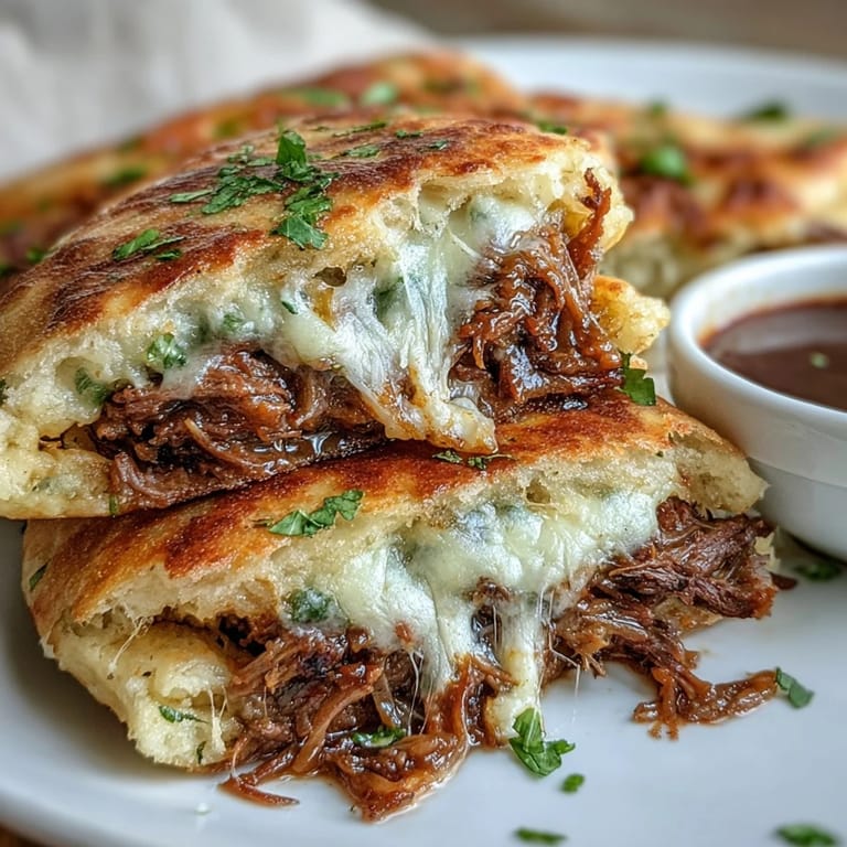 Succulent beef roast, shredded and cheesy, tucked into garlicky naan bread, perfect for dipping and serving for family dinners.