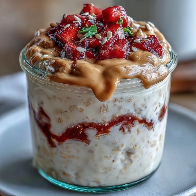 Spoon-ready High-Protein Peanut Butter & Jelly Overnight Oats topped with fresh strawberries and a drizzle of peanut butter for a protein-packed breakfast.