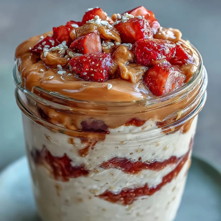 Chilled High-Protein Peanut Butter & Jelly Overnight Oats with Greek yogurt and vanilla protein powder, perfect for busy American mornings.