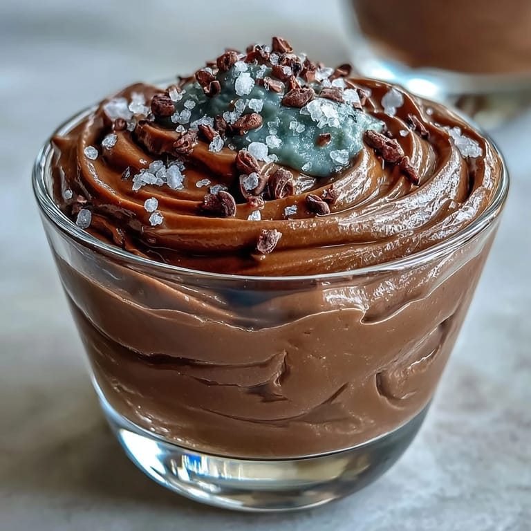 Individuelle Vegane Schokoladen-Avocado-Mousse Cups mit Meersalz-Crunch garniert mit frischen Beeren und Mandeln.