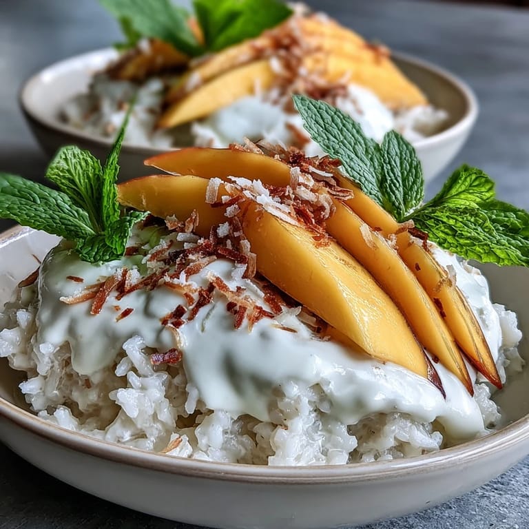 Genieße dieses vegane Mango Sticky Rice Frühstück, serviert mit cremiger Kokos-Sauce und Minze.
