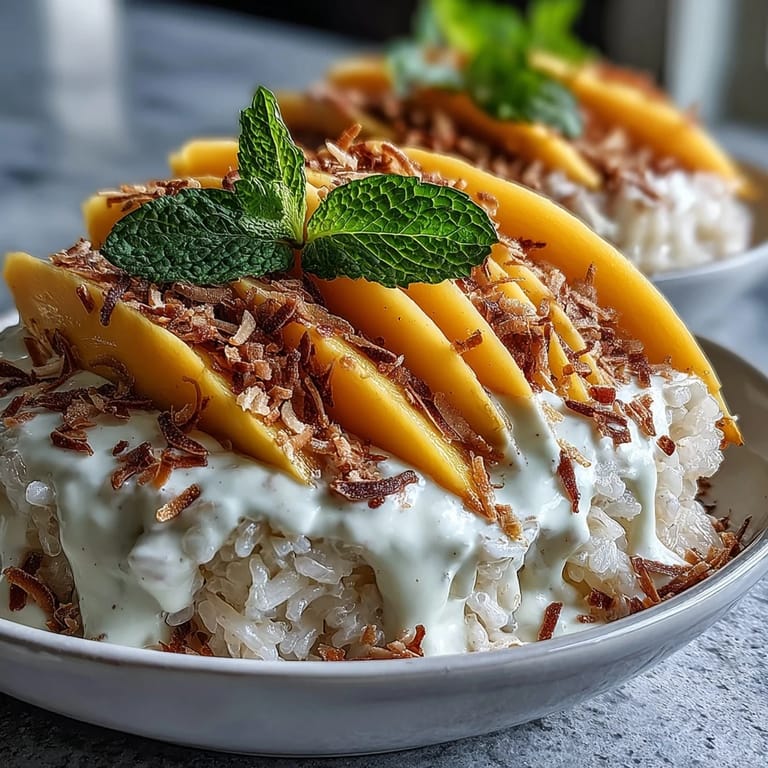 Süßes, glutenfreies Mango Sticky Rice Frühstück mit goldbraunen Kokosflocken und frischen Mango-Scheiben.