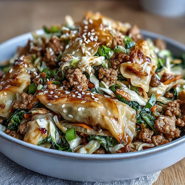 Saftiges Keto Egg Roll in a Bowl mit Truthahnhack und Sesamöl, garniert mit Sesamkernen und Koriander.