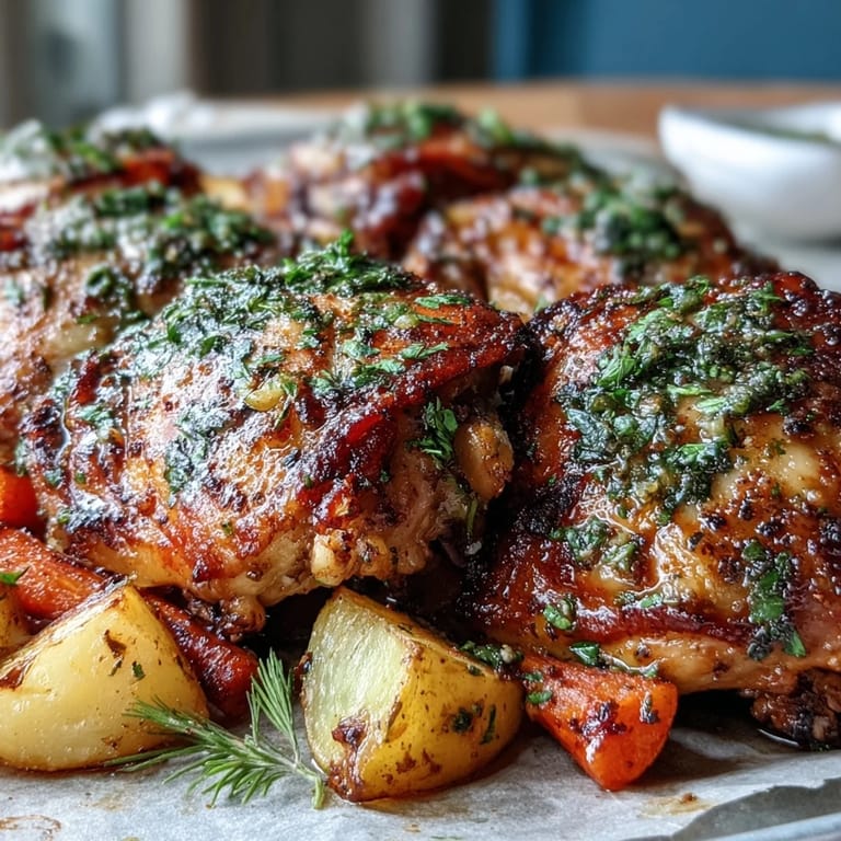 Eine gebackene Crispy Ranch Sheet Pan Chicken & Veggies Mahlzeit, aromatische Gewürze auf der Haut, aus dem Ofen direkt zum Servieren.