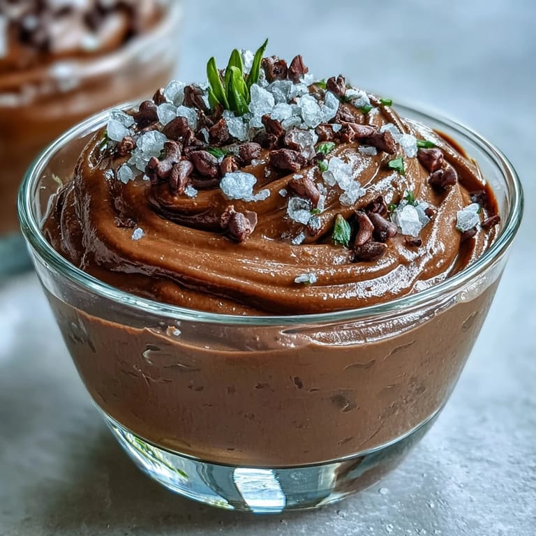 Luscious vegan chocolate avocado mousse cups topped with flaky sea salt and crunchy cacao nibs for dessert.