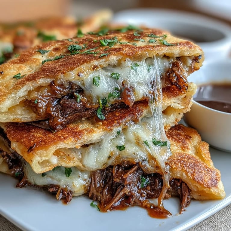 Slow-cooked beef pot roast melts with mozzarella in garlic naan, served hot and golden with a side of savory jus.