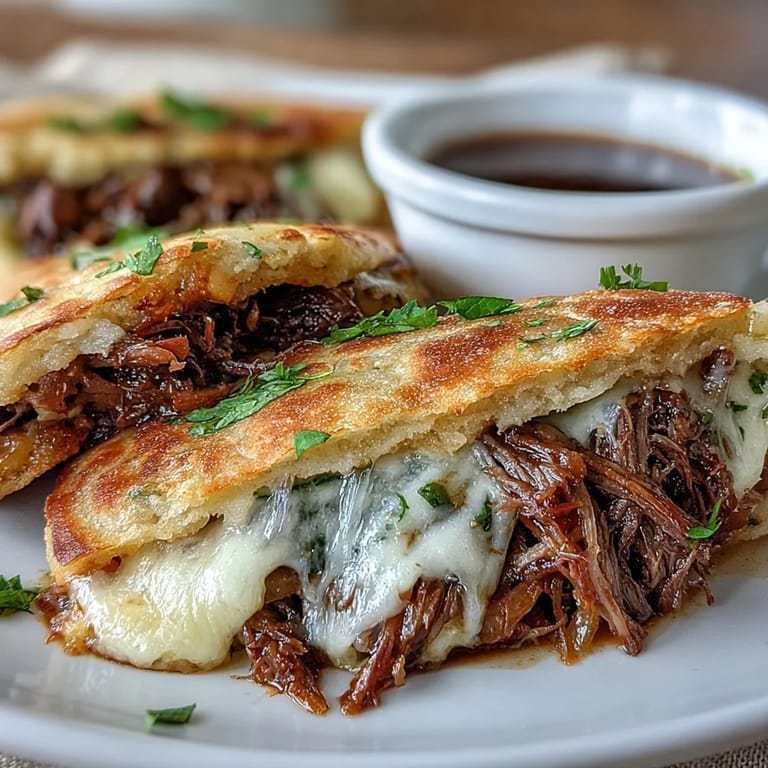Succulent beef roast, shredded and cheesy, tucked into garlicky naan bread, perfect for dipping and serving for family dinners.