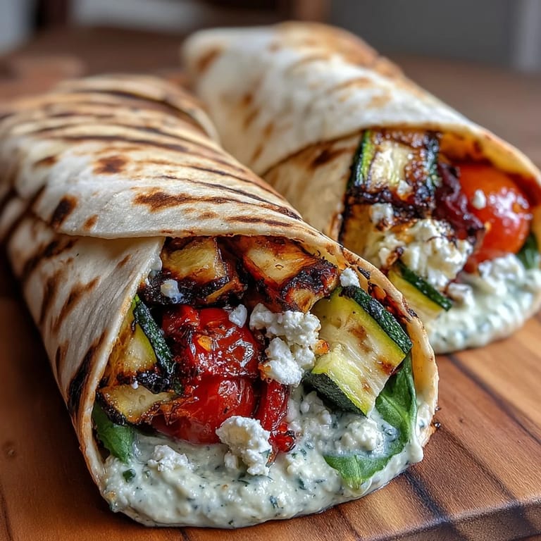 2. Farbenfrohe, rauchige gegrillte Zucchini, Paprika und Aubergine mit Hummus und Feta in einem frischen Wrap.  