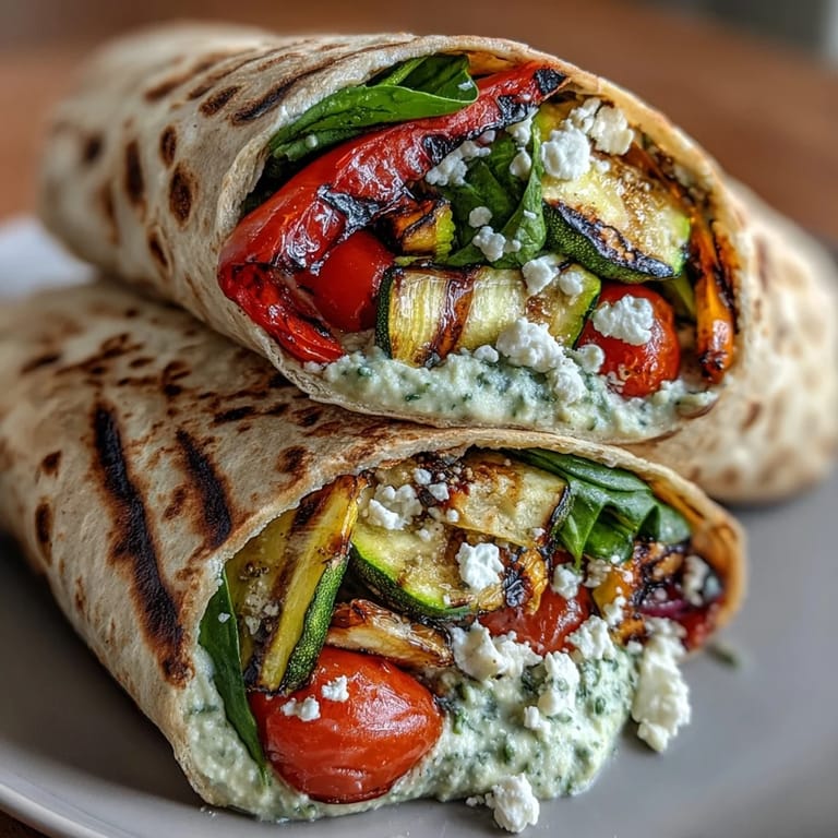 3. Mediterrane Gemüse-Wraps gefüllt mit gegrilltem Gemüse, cremigem Hummus und würzigem Feta für ein gesundes Mahl.