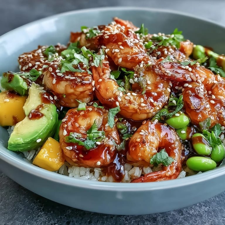 Leuchtende Garnelen-Poke-Bowl mit Mango und Edamame: Saftige Garnelen, süße Mango-Stücke und knackige Edamame in einer gesunden, kalorienarmen Mahlzeit.
