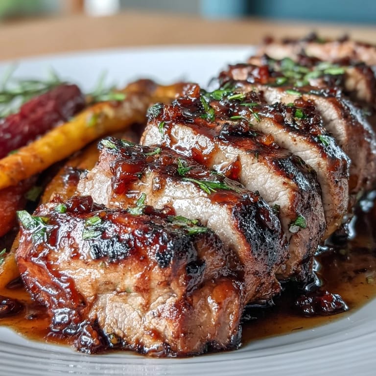 Zartes Schweinefilet mit Honig-Balsamico-Sauce, serviert mit süßen, gerösteten Regenbogenkarotten für ein einfaches Abendessen.
