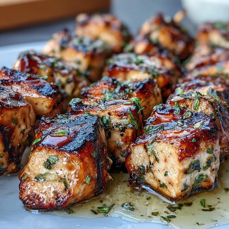 Mediterrane Hähnchenspieße mit Zitronenmarinade, serviert mit cremigem Tzatziki und Zitronenvierteln.  