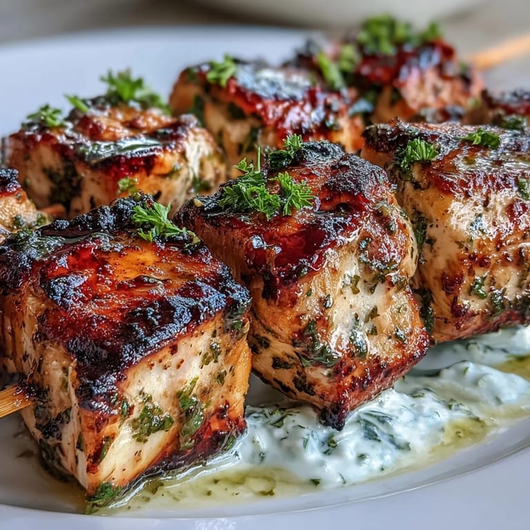 Gegrillte Hähnchenspieße mit Zitrone und Kräutern, begleitet von erfrischendem selbstgemachtem Tzatziki.
